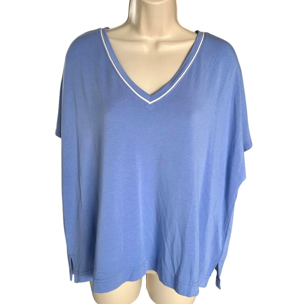LOU & GREY Women's Casual Soft Blouse Top Short Sleeve V-Neck Size XL Blue